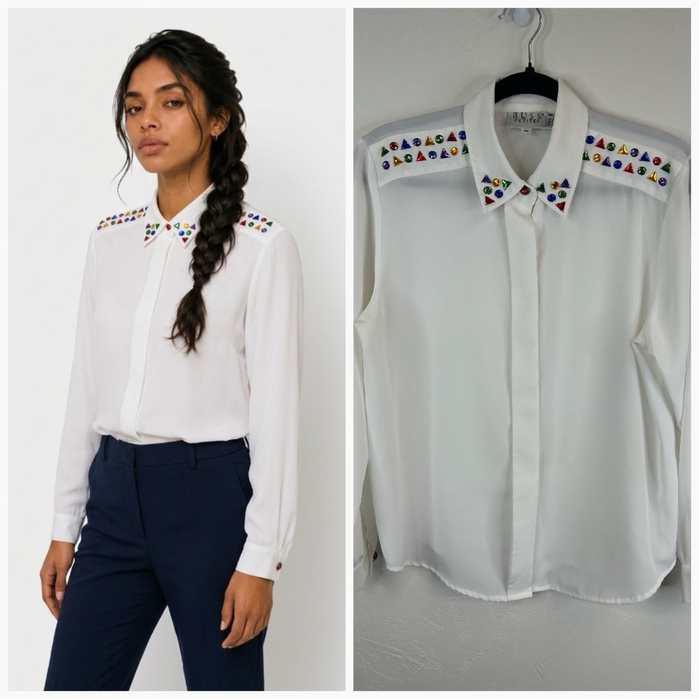 Vintage 80s Bejeweled Bedazzled White Blouse Size 10 Petite Sparkly Party Glam